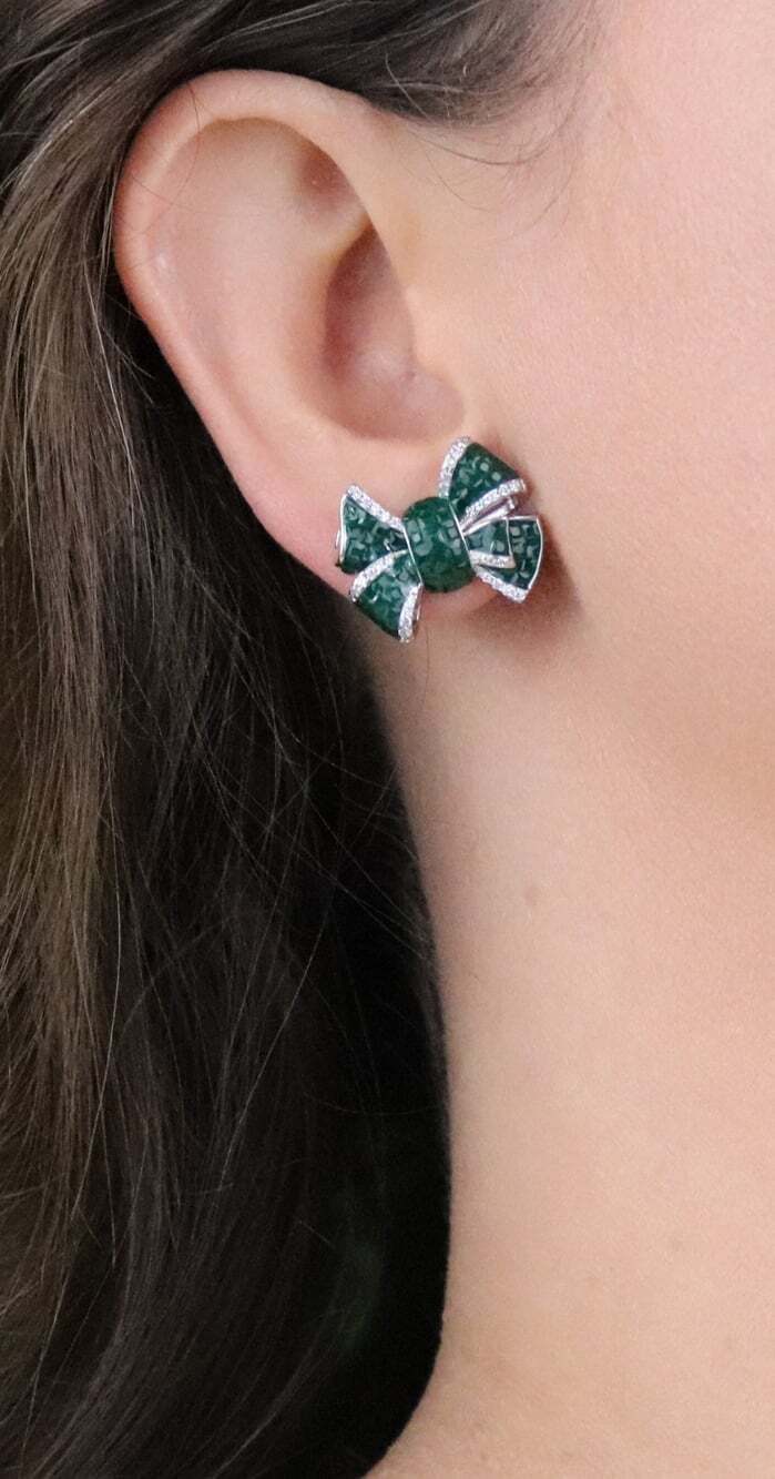 Sterling Silver Green & White Cubic Zirconia Bow Earrings 5/8" x 7/8" inch - Picture 2 of 8